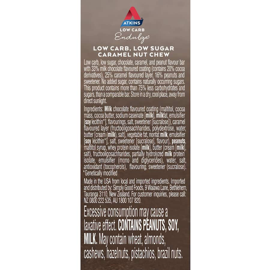 Atkins Endulge Nutrition Bar Caramel Nut, a low-carb snack with chocolate, caramel, and nut flavors, perfect for keto diets.