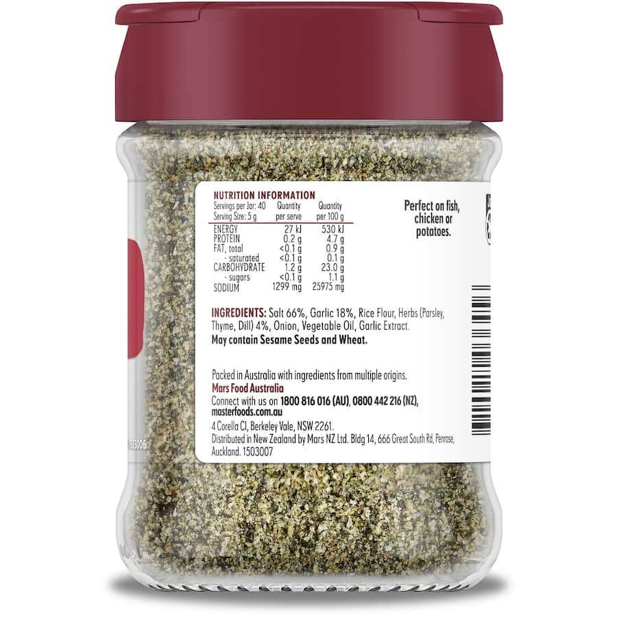 Masterfoods Garlic Herb Salt Blend in a glass shaker, perfect for enhancing the flavor of grilled meats and vegetables.