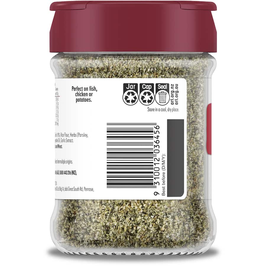 Masterfoods Garlic Herb Salt Blend in a glass shaker jar, ideal for enhancing meats, vegetables, and potato dishes with savory flavor.