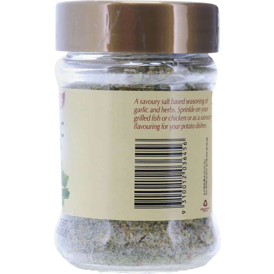 Masterfoods Garlic Herb Salt Blend in a glass shaker, perfect for enhancing meats, vegetables, and potato dishes with garlic flavor.