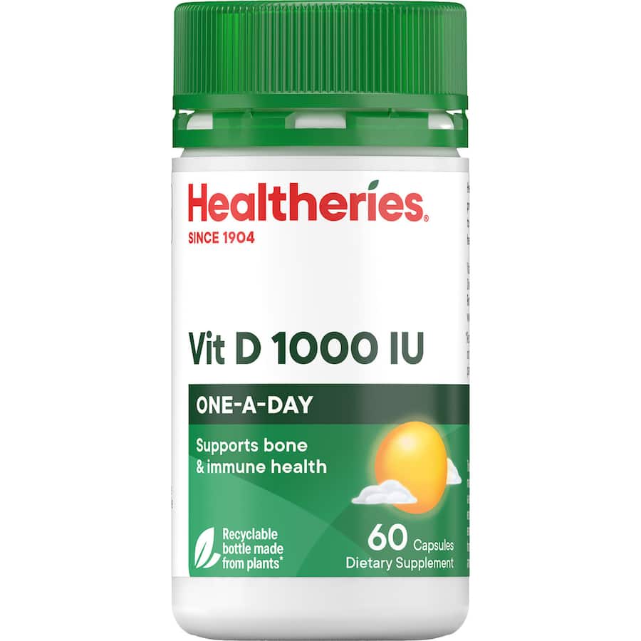 Healtheries Vitamin D 1000iu capsules provide high-strength vitamin D for immunity and bone health, enhanced with boron and selenium.