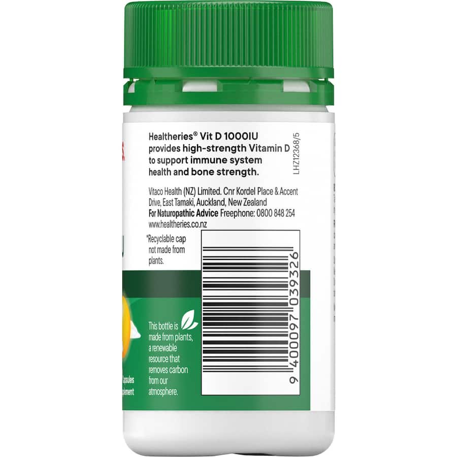 Healtheries Vitamin D 1000iu capsules for immune support and bone health, enriched with boron and selenium.