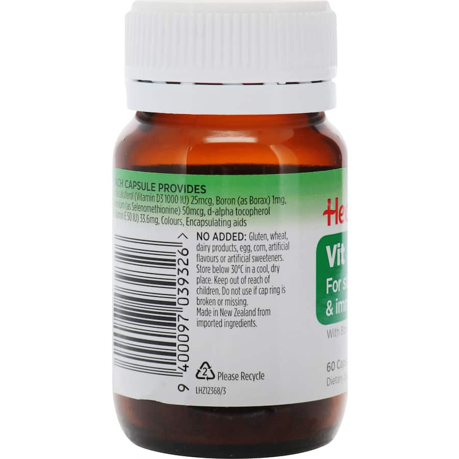 Healtheries Vitamin D 1000iu capsules for strong immunity and bone health, enriched with boron and selenium for extra support.