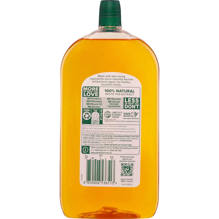 Palmolive Antibacterial Liquid Hand Wash Refill in White Tea, 95% natural, kills 99.9% of germs with a refreshing herbal scent.
