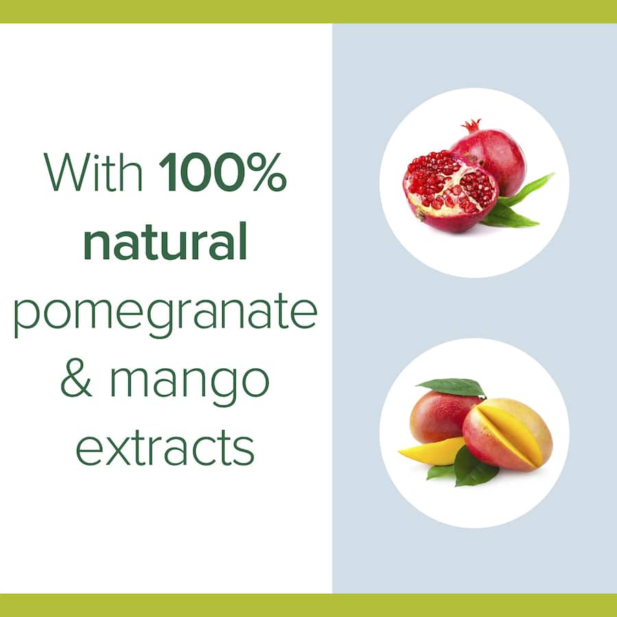 Palmolive Naturals Body Wash with pomegranate and mango extracts, free from harmful additives, in a recyclable bottle.