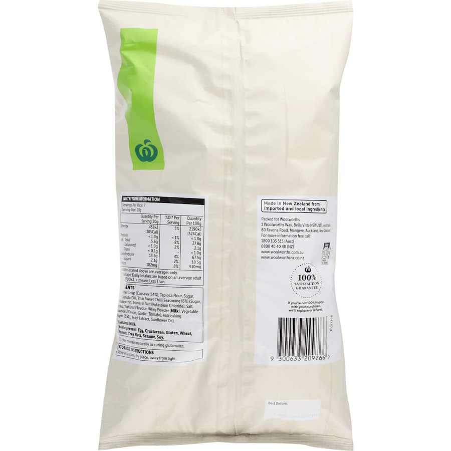 Crispy Woolworths Cassava Vegetable Crisps with Thai sweet chilli seasoning for a flavorful and healthy snack.