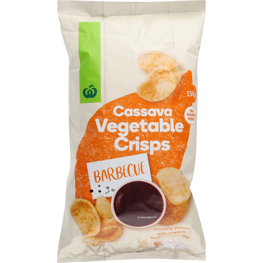 Woolworths BBQ Cassava Vegetable Crisps, crunchy, flavorful, and a healthier alternative to traditional chips.