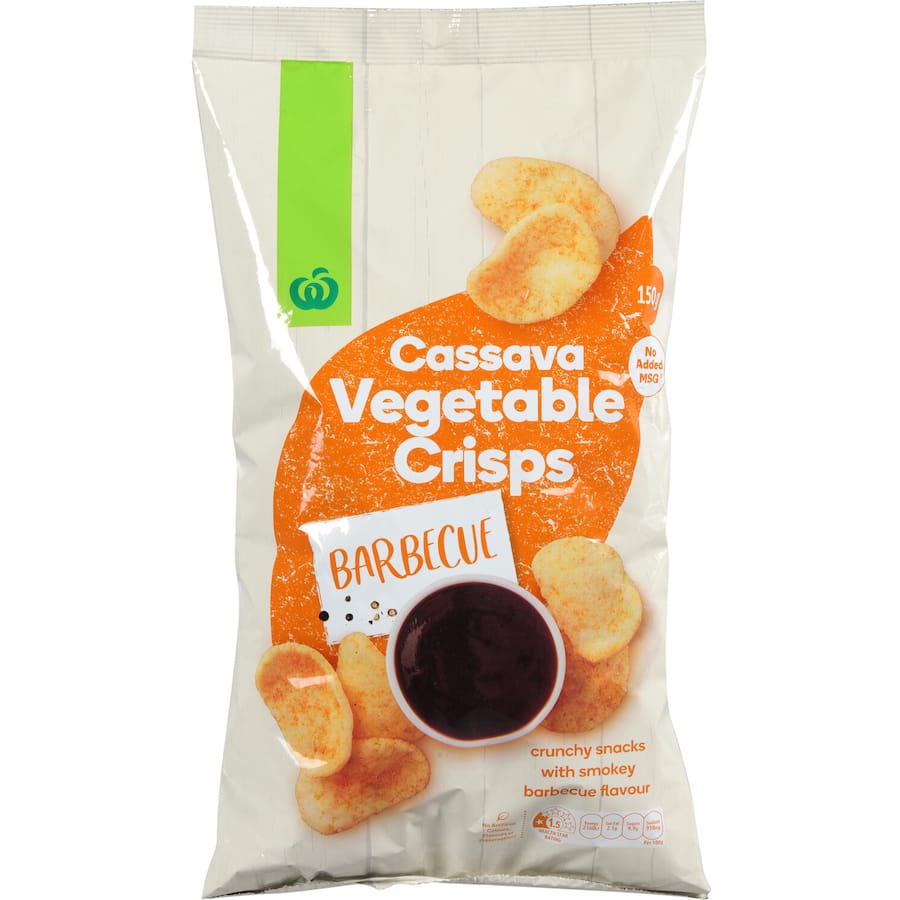 Woolworths Cassava Vegetable Crisps BBQ, crunchy cassava crisps with smoky barbecue flavor, free from artificial additives.