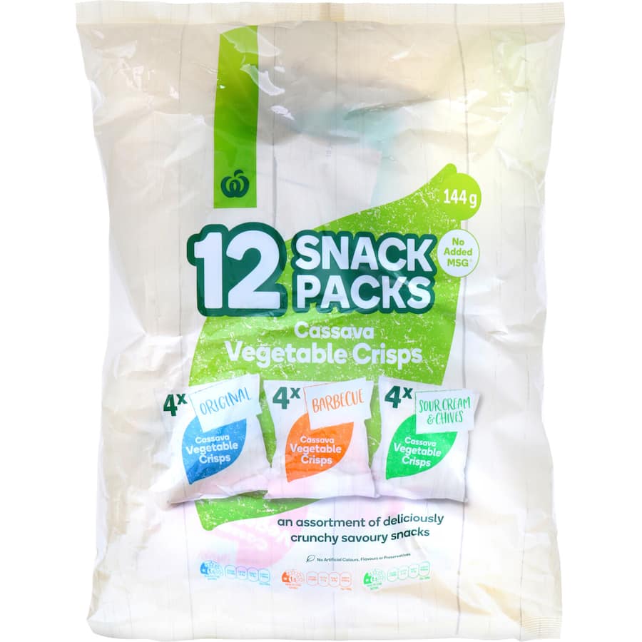 Woolworths Cassava Vegetable Crisps Mixed 144g, gluten-free snacks with Original, Sour Cream & Chives, and BBQ flavors.