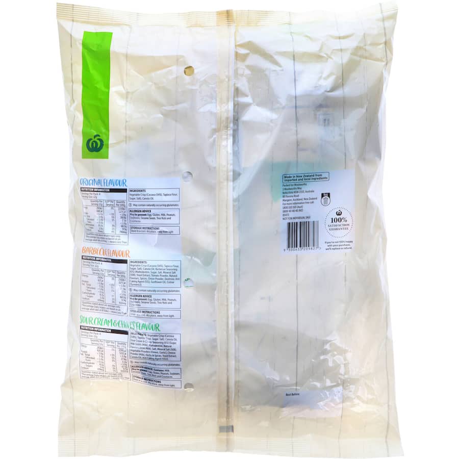 Woolworths Cassava Vegetable Crisps Mixed 144g - gluten-free, crunchy snacks in original, sour cream & chives, and BBQ flavors.