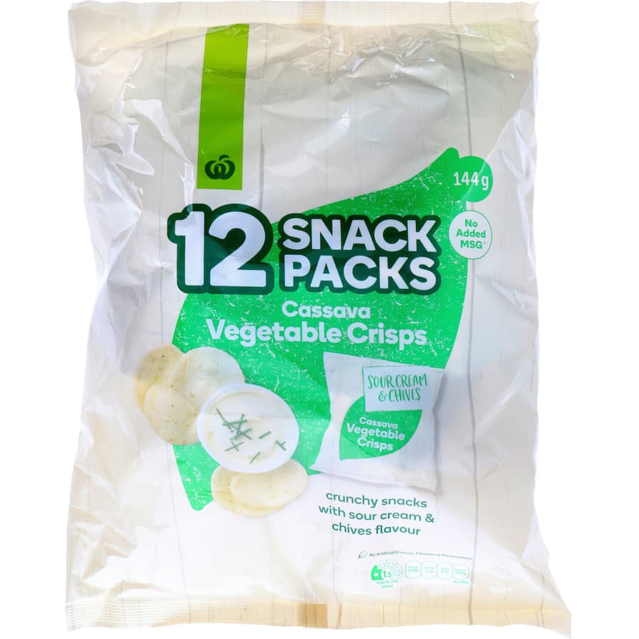 Woolworths Cassava Vegetable Crisps in Sour Cream & Chives flavor, gluten-free, crunchy, and perfect for snacking.
