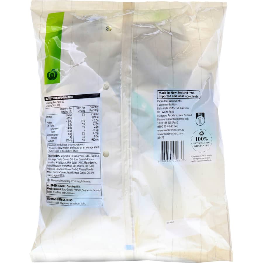 Woolworths Cassava Vegetable Crisps in Sour Cream & Chives, gluten-free and crunchy, perfect for snacking anytime.