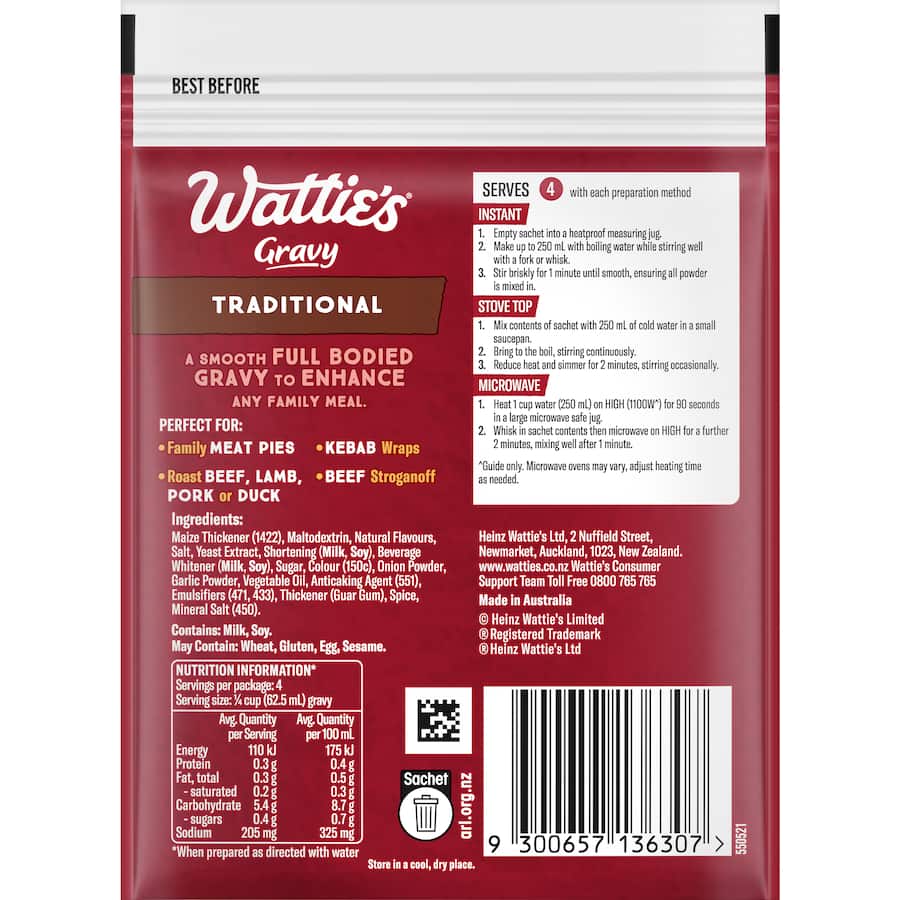 Wattie's Instant Gravy Mix Traditional packet showcasing rich, savory flavors for easy and delicious meals.