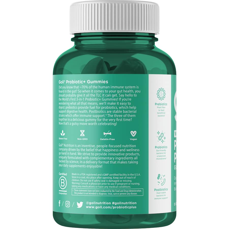 Goli Pre Plus Post Plus Probiotic Gummies: 3-in-1 gummy supplement for digestive health and immune support.