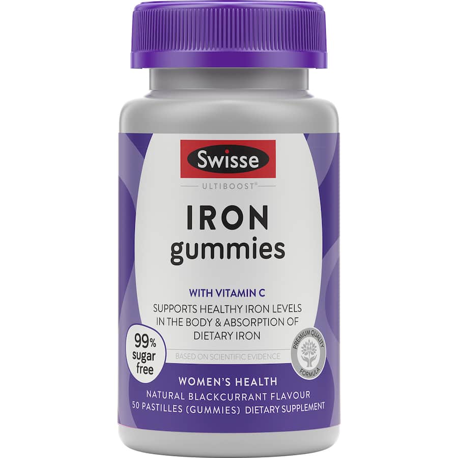 Swisse Ultiboost Iron Gummies: delicious, sugar-free gummies with 20 mg iron and Vitamin C for enhanced vitality and blood support.