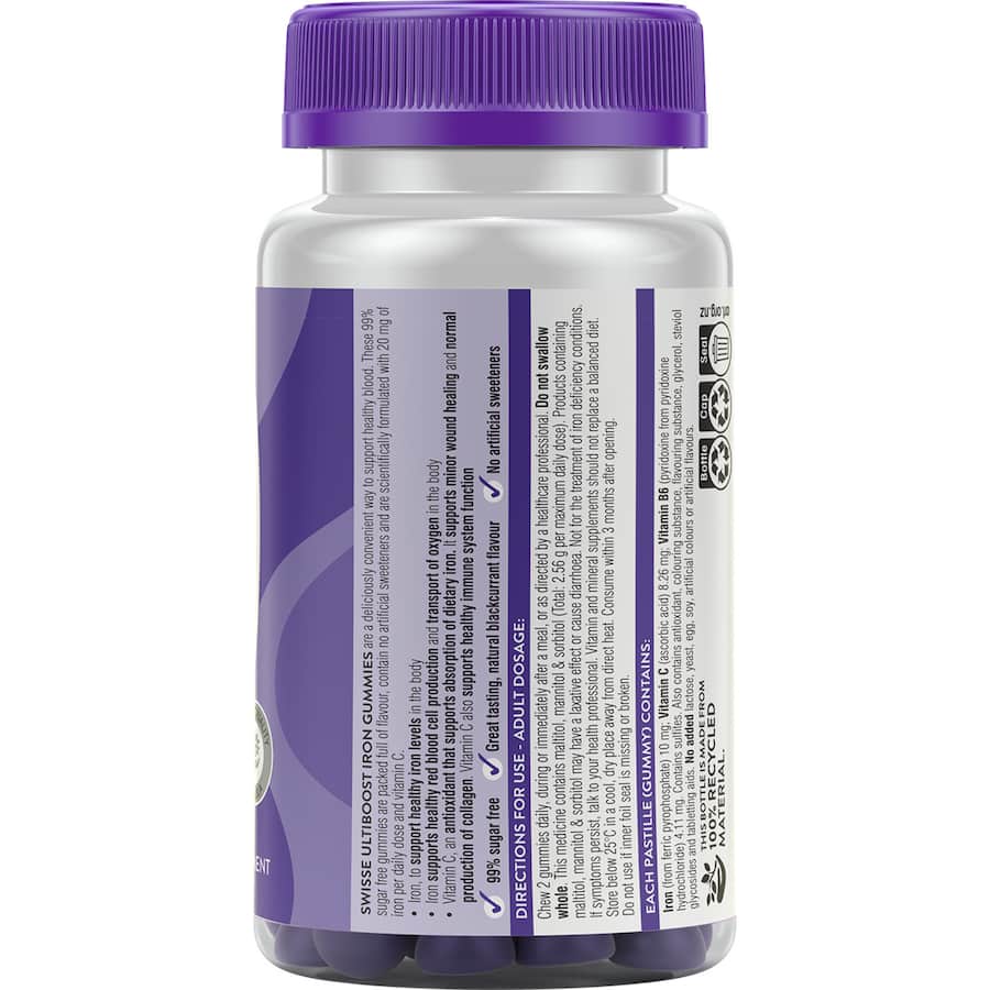 Swisse Ultiboost Iron Gummies: Delicious 99% sugar-free gummies with 20 mg of iron and Vitamin C for enhanced vitality.