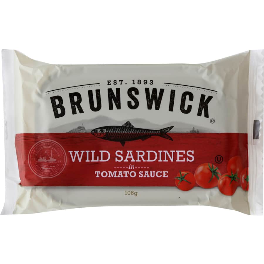 Brunswick Sardines in Tomato Sauce featuring wild-caught sardines rich in omega-3, protein, and calcium for a healthy meal.