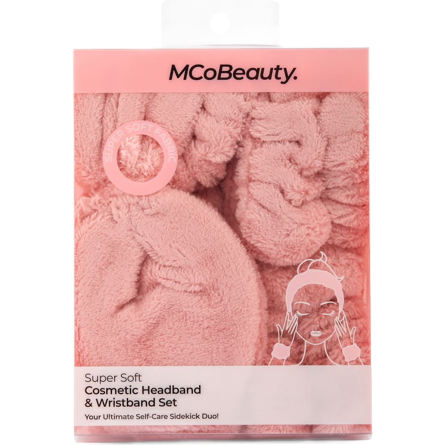Soft Mcobeauty headband with wired bow and plush wristbands designed for mess-free skincare and makeup routines.