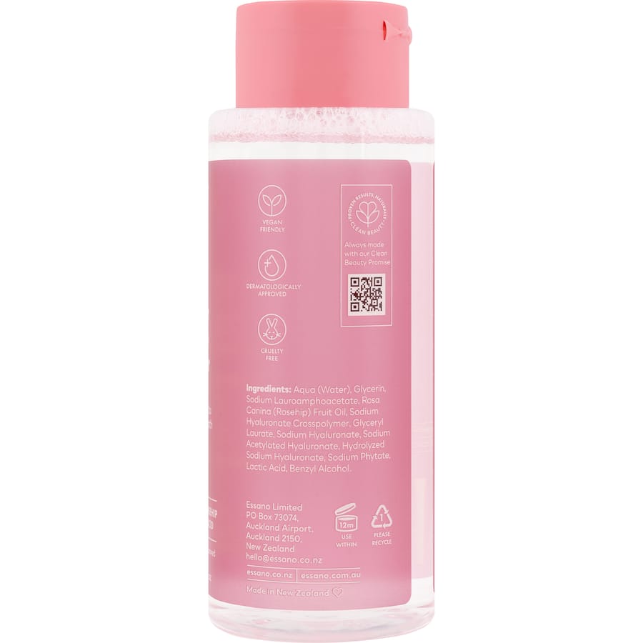 Essano Micellar Makeup Remover Hydration+ with rosehip oil gently cleanses and hydrates, removing all makeup without rinsing.