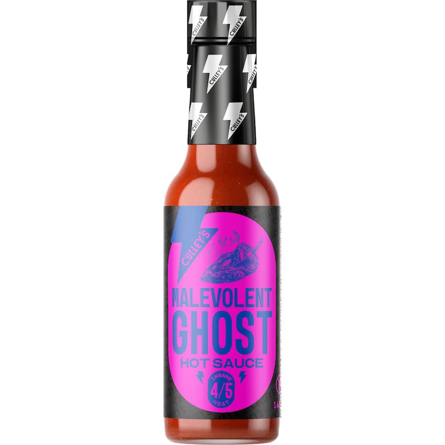 Culleys Malevolent Ghost hot sauce bottle featuring ghost pepper heat and a rich blend of spices for intense flavor.