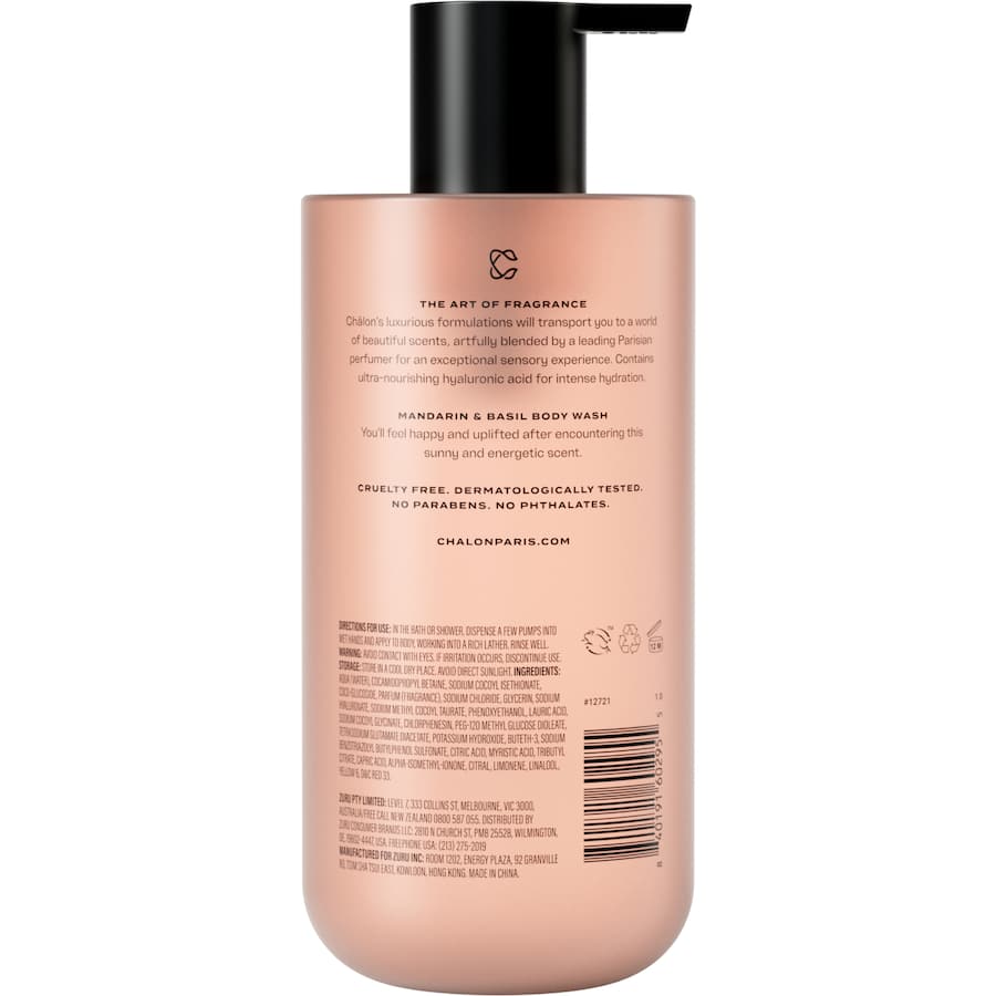 Luxurious Chalon Body Wash with refreshing Mandarin & Basil scent, infused with Hyaluronic Acid for hydration and cleansing.