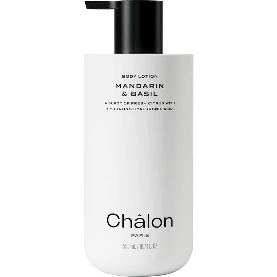 Luxurious Chalon Body Lotion in Mandarin & Basil scent, enriched with Hyaluronic Acid for soft, hydrated skin, 555 mL.