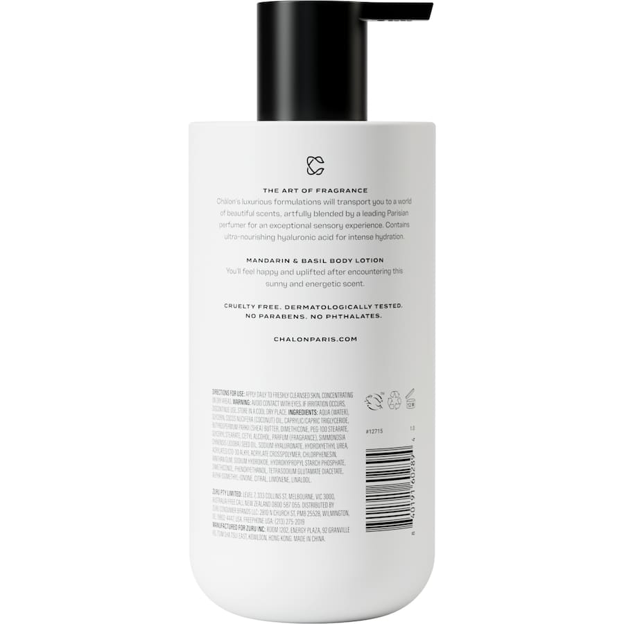 Luxurious Chalon Body Lotion in Mandarin & Basil scent, enriched with Hyaluronic Acid for soft, hydrated skin. 555 mL.