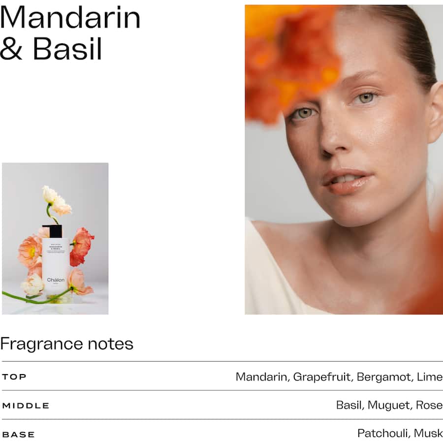 Luxurious Chalon Body Lotion in Mandarin & Basil scent, enriched with Hyaluronic Acid for all-day hydration and soft skin.