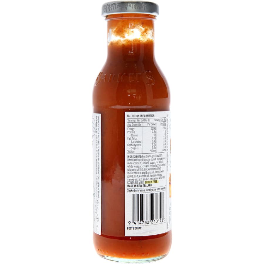 A bottle of Barkers Chipotle Sauce featuring bold flavors from real chipotle peppers, ideal for enhancing various dishes.