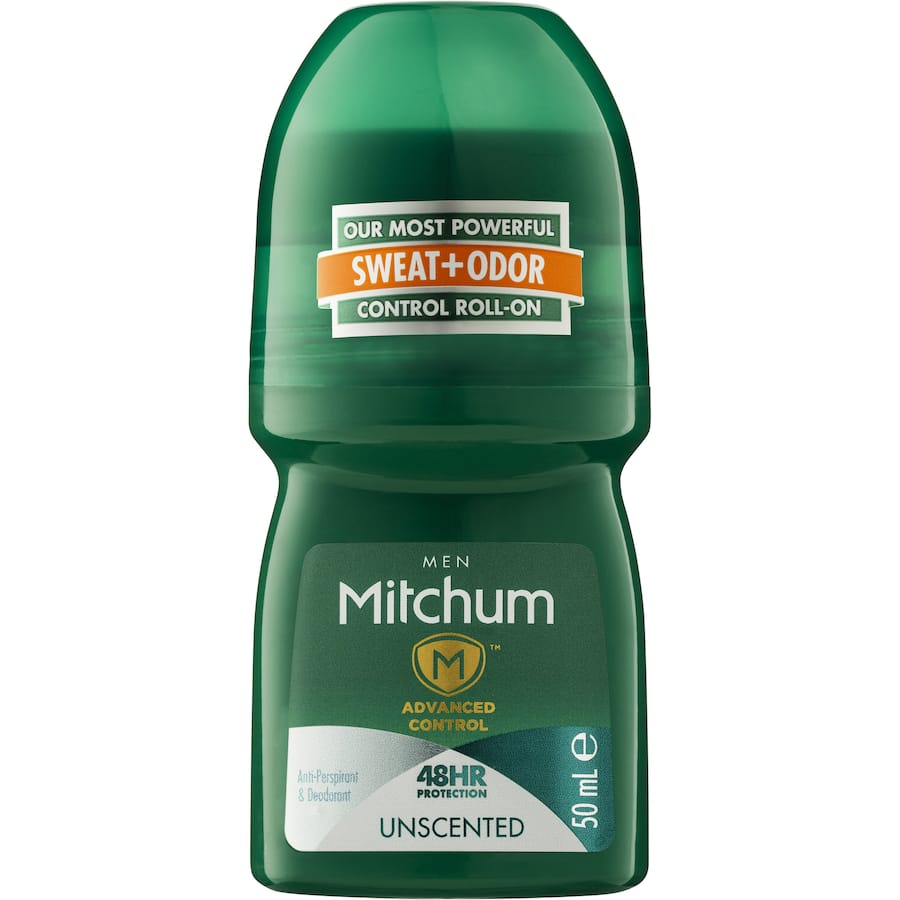 Mitchum Roll On Unscented deodorant providing 48-hour sweat protection, suitable for sensitive skin and daily confidence.