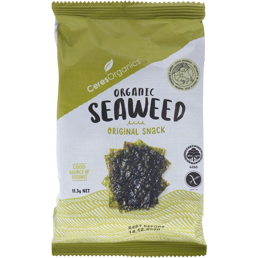 Crispy Ceres Organics Seaweed Snack Nori, made from premium organic nori, offering umami flavor and essential nutrients.