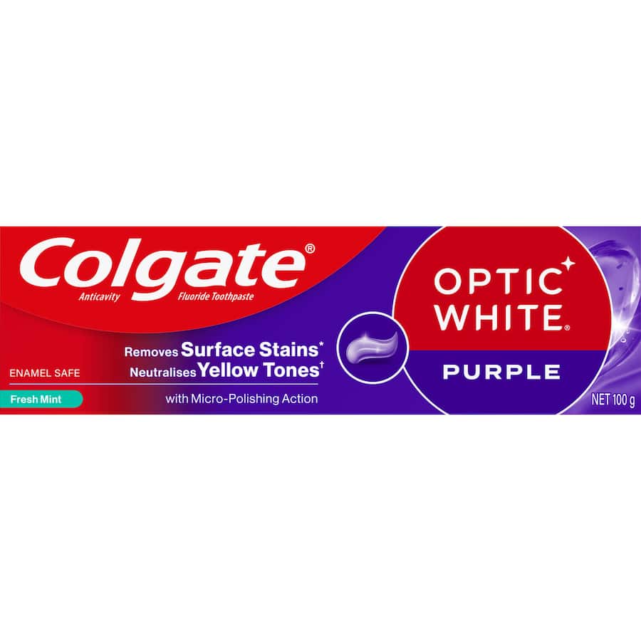 Colgate Optic White Toothpaste Purple in fresh mint, designed for whitening, stain removal, and enhancing your smile.