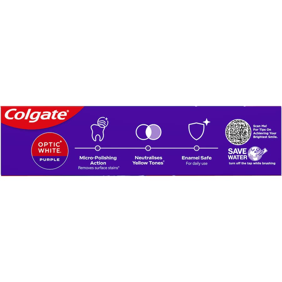 Colgate Optic White Toothpaste Purple: advanced whitening, micro-polishing, brightens smile, vegan, mint flavor, enamel-safe.