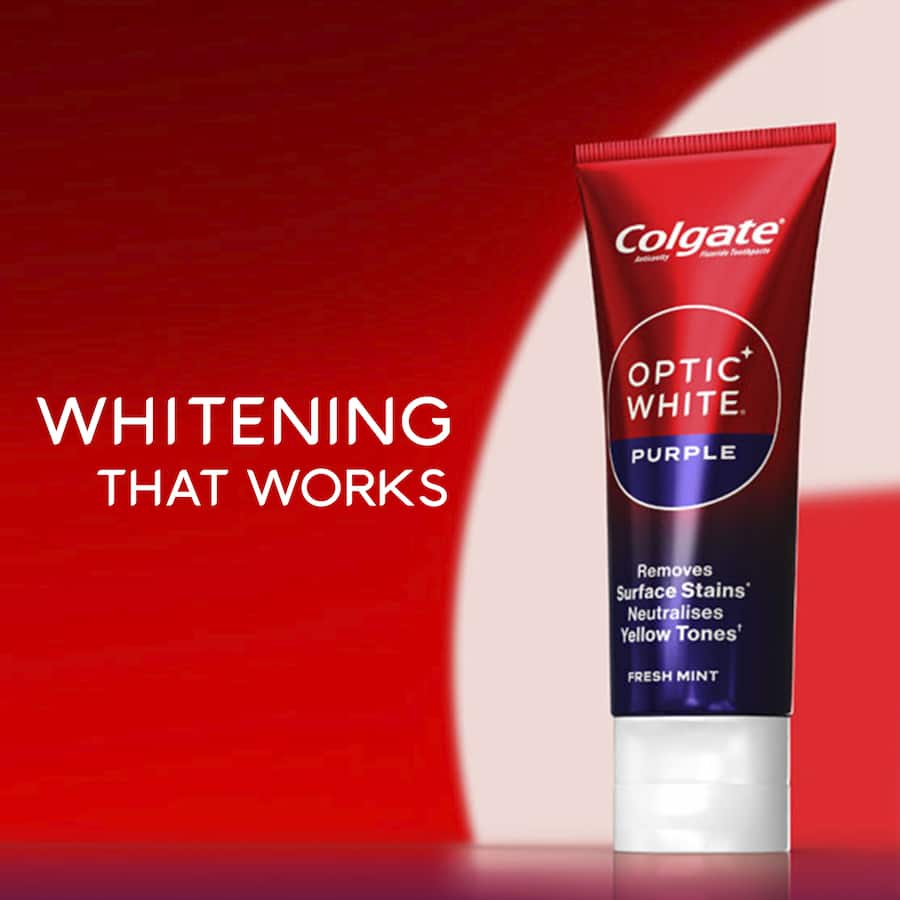 Colgate Optic White Toothpaste Purple, a vegan-friendly whitening toothpaste with micro-polishing and color-correcting properties.
