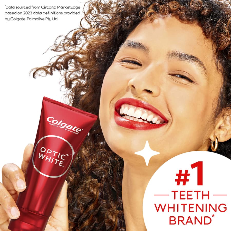 Colgate Optic White Toothpaste Purple in a 100g tube, effectively whitens teeth with micro-polishing and color-correcting technology.