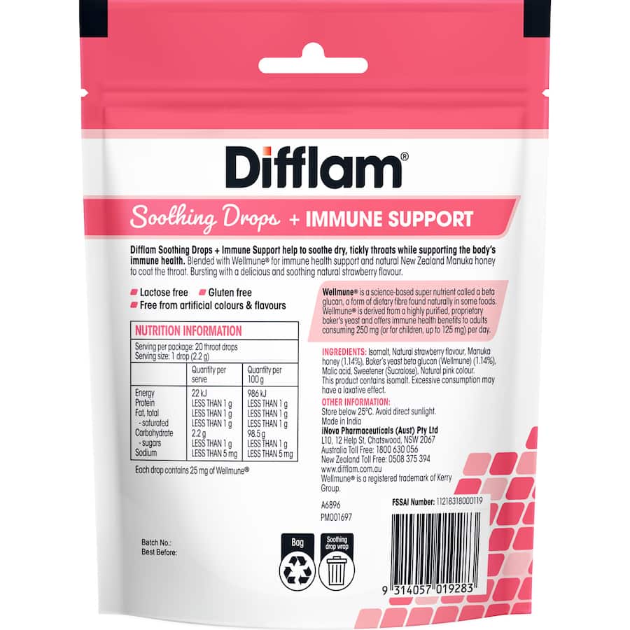 Difflam Soothing & Immune Support Strawberry Drops 20ea