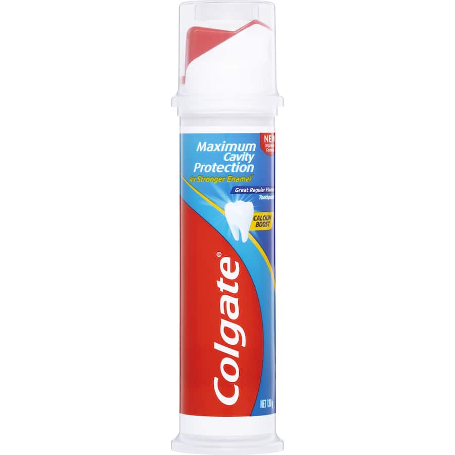 Colgate Cavity Protection Toothpaste in a pump, offering 4x stronger enamel protection with a refreshing regular flavour.