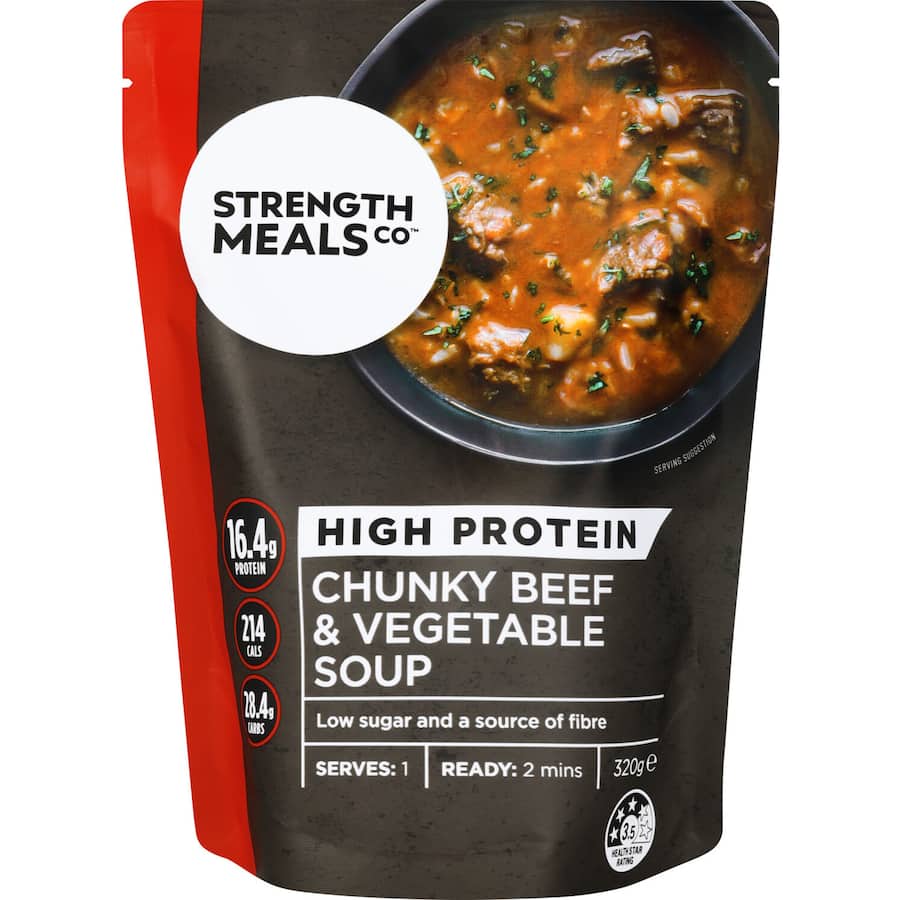 Nourishing Strength Meals Co Soup with tender beef and fresh vegetables, perfect for busy lifestyles and healthy eating.