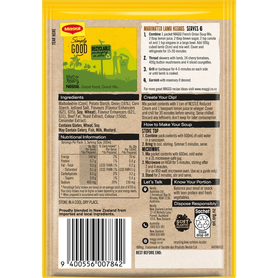 A pack of Maggi French Onion Soup featuring rich caramelized onions and herbs for a quick, flavorful meal.