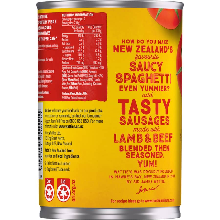 Watties Spaghetti With Sausages Can 420g