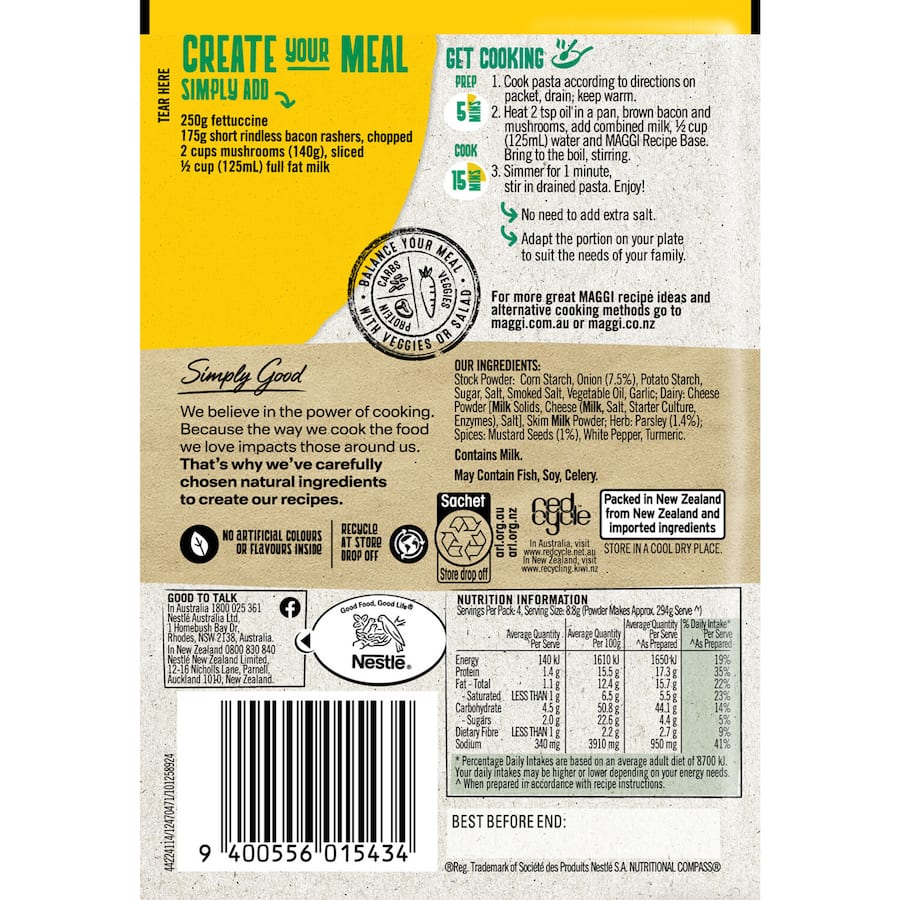 Delicious Maggi Recipe Base for creamy carbonara, perfect for quick and flavorful family meals with pasta, bacon, and mushrooms.