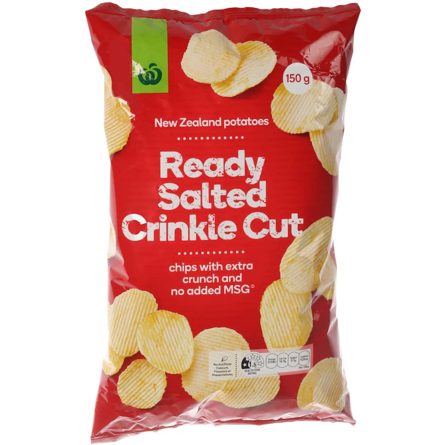Woolworths Ready Salted Crinkle Cut Chips made from premium New Zealand potatoes, offering a delicious crunch and bold flavor.