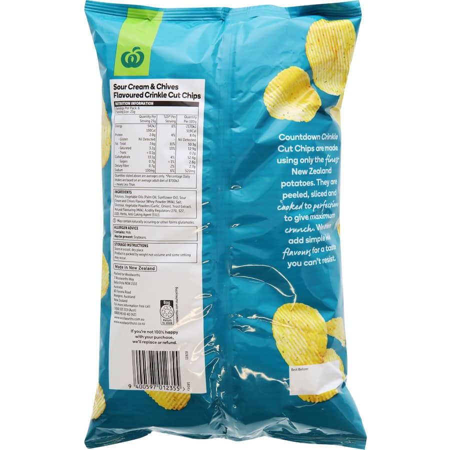Woolworths Chips Sour Cream Chives Crinkle Cut 150g