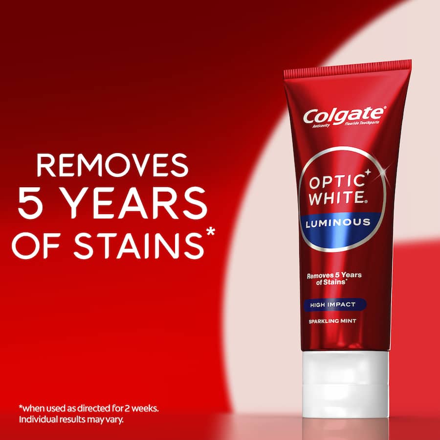 Colgate Optic White Toothpaste for high-impact whitening, delivering 4 shades whiter teeth with 2% hydrogen peroxide formula.