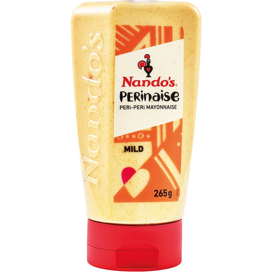 Nando's Perinaise Peri-Peri Mayonnaise Mild, a creamy vegan-friendly mayo with a hint of spice, perfect for dipping and dressing.
