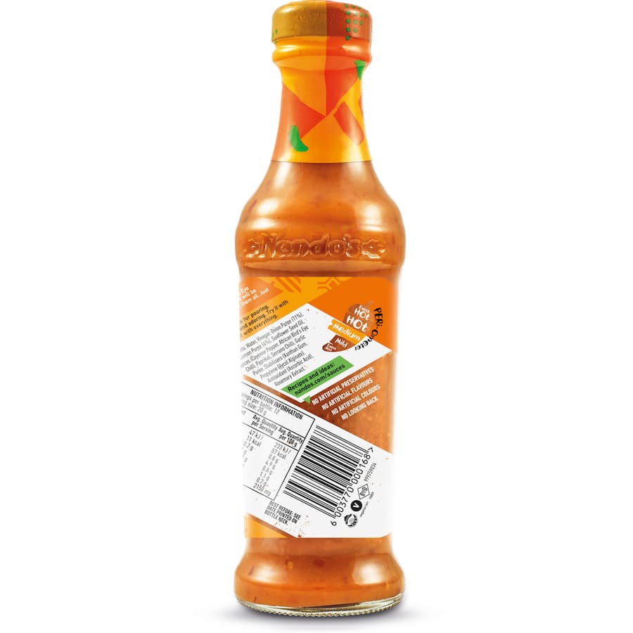 Nando's Peri Peri Sauce Medium bottle showcasing vibrant sauce for marinating, dipping, and enhancing flavors in meals.
