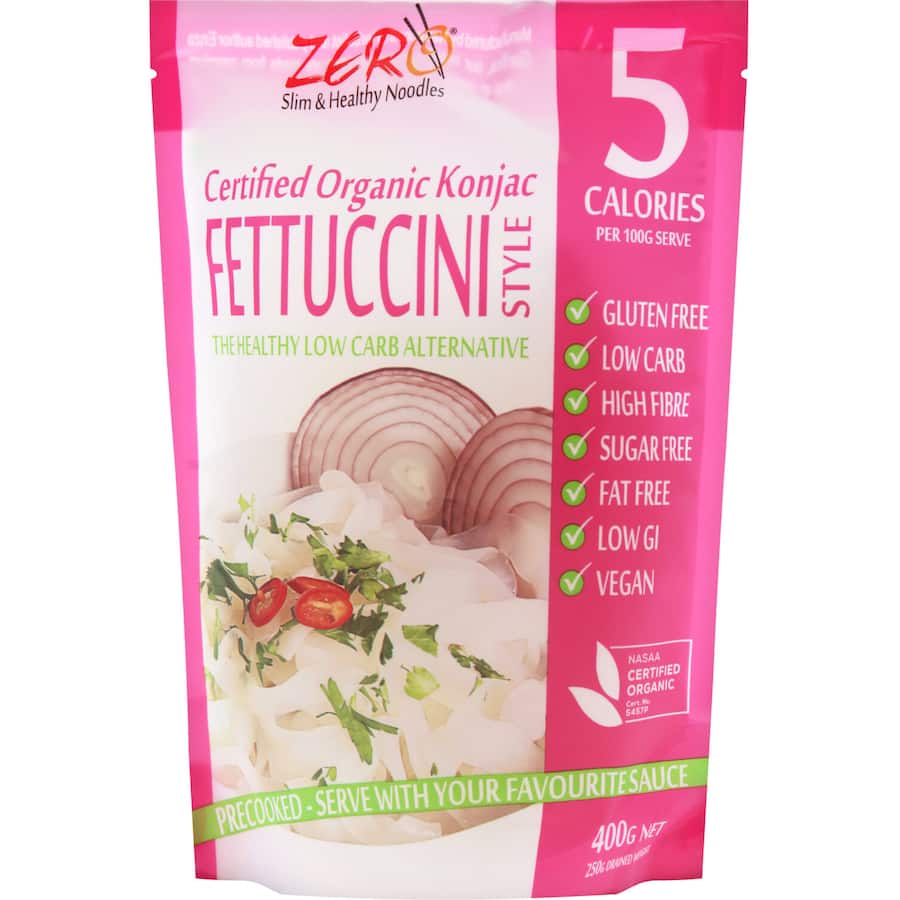 A bowl of Konjac Pasta Fettuccine, a low-calorie, gluten-free, fiber-rich alternative to traditional pasta for guilt-free meals.