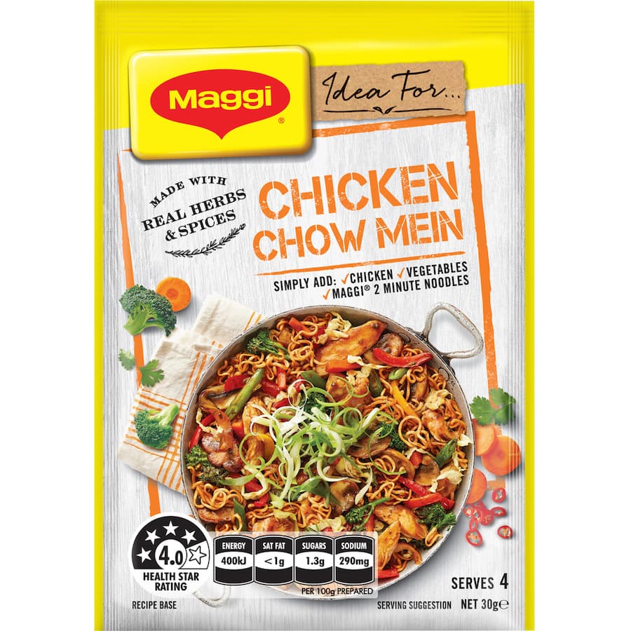 Maggi Recipe Base Chicken Chow Mein, a quick meal solution blending spices for a delicious, balanced family dinner.