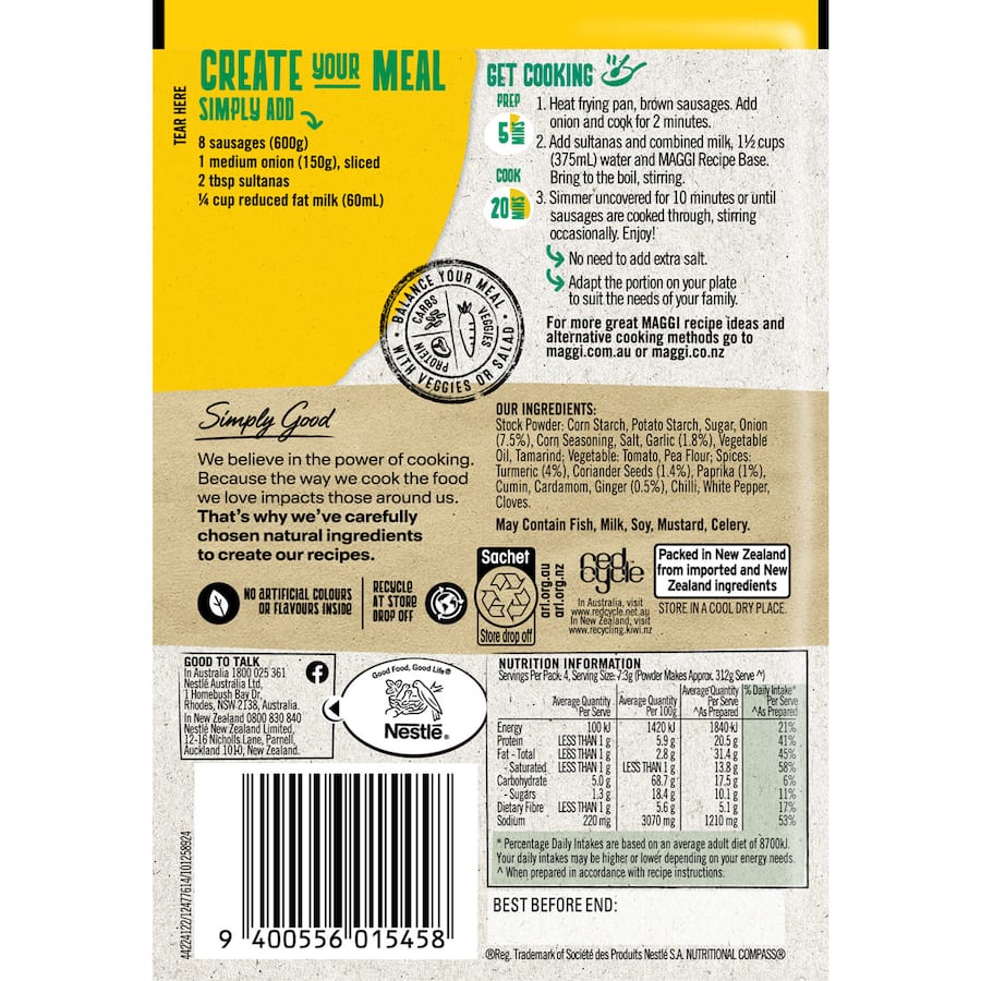 Maggi Recipe Base Mild Curry Sausages 29g