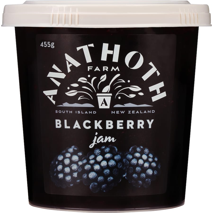Anathoth Farm Blackberry Jam in a jar, showcasing premium blackberries and a rich, smooth texture for delicious spreads.